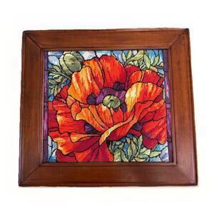 Vintage Janlynn Poppies Stained Glass Needlepoint Framed Nancy Rossi Floral